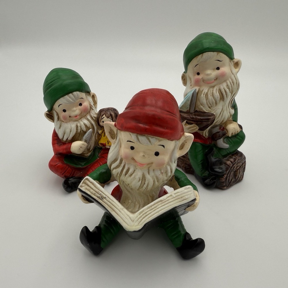 Vintage Homco 3 Gnomes Elves-on Log Boat Axe-With Doll-Reading-Ceramic Pixie